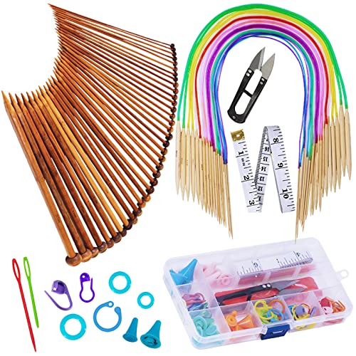 Exquiss Bamboo Knitting Needles Set, 18 Pairs Circular(31.5”) Wooden Knitting Needles with Colored Plastic Tube, 36PCS Single Pointed Bamboo Knitting Needle(9.5”), Include Knitting Tools for Weaving - Image 1