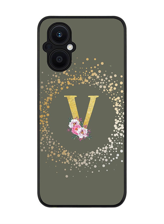 Stylizedd Rugged Black edge case for Oppo Reno7 Z  Slim fit Soft Case Flexible Rubber Edges Anti Drop TPU Gel Thin Cover - Custom Monogram Initial Letter Floral Pattern Alphabet - V (Olive Green ) - Image 1