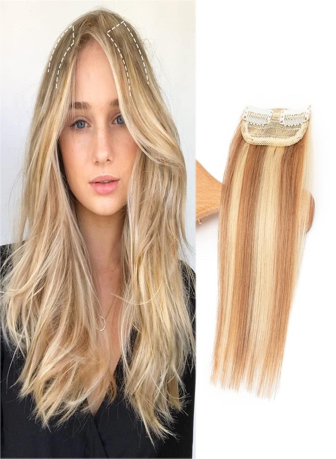 FEIPRO Real Human Hair Silky Straight Short Hair Extensions Natural Invisible Lady Parts Frontal Bangs Toppers for Women Men With Thinning Hair Short Hair 4"#P12/613 Golden Brown/Bleach Blonde - Image 1
