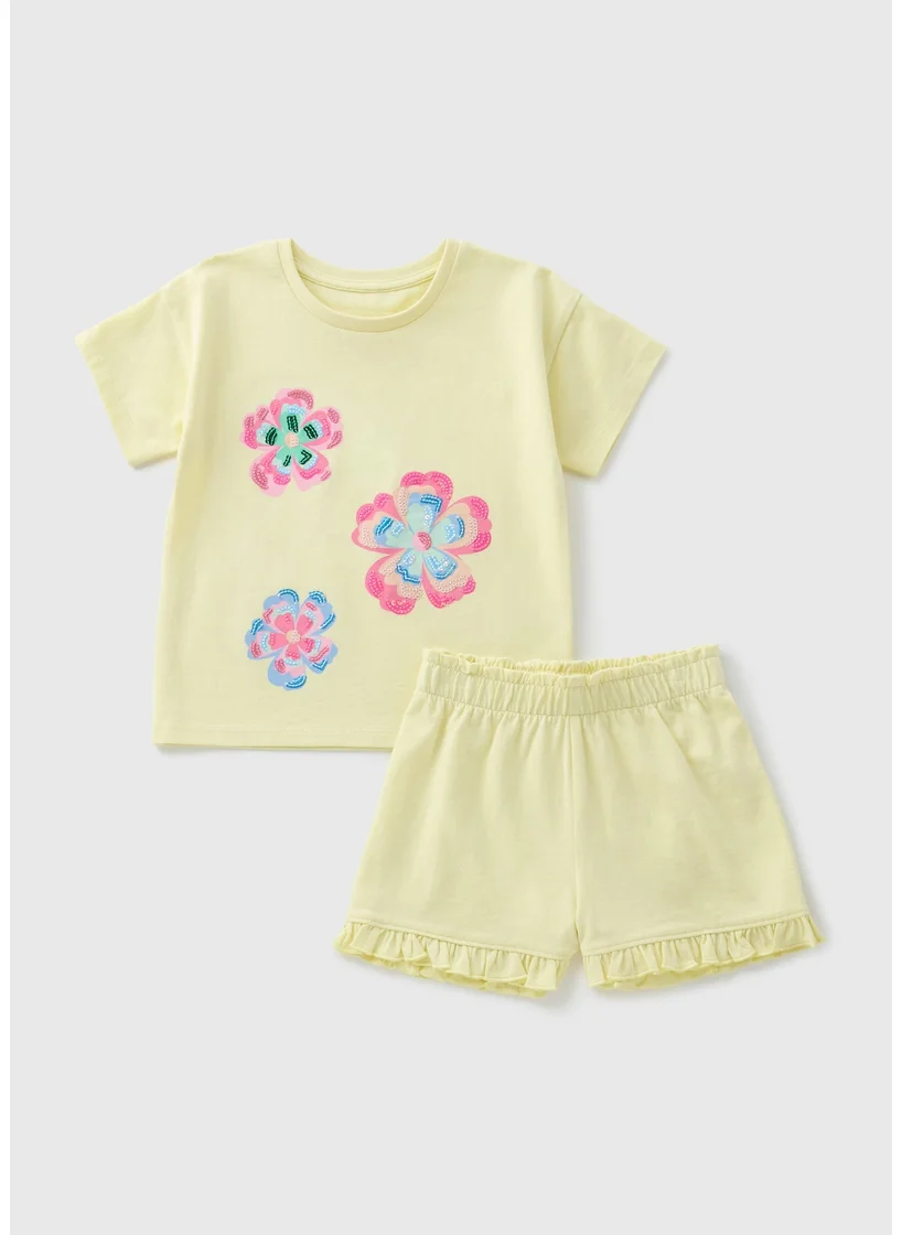 Matalan Girls Yellow Flower Sequin Top & Shorts Set