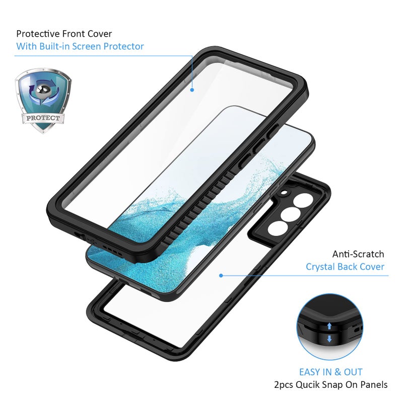 Lanhiem for Samsung Galaxy S22 Case, IP68 Waterproof Dustproof with Built-in Screen Protector, Heavy Duty Full Body Protective Phone Case for Samsung S22 5G, Black/Clear - Image 4