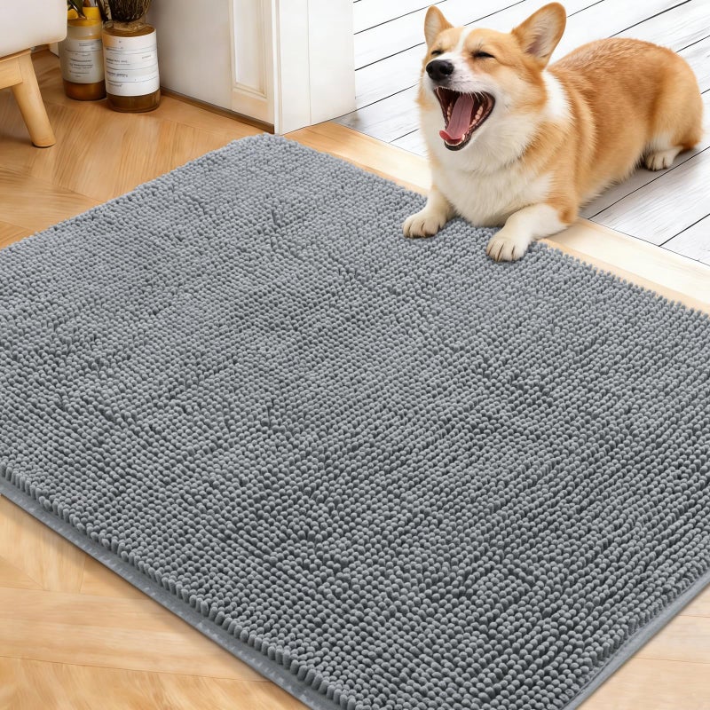 OLANLY Dog Door Mat for Muddy Paws 40x32, Absorbs Moisture and Dirt, Absorbent Non-Slip Washable Doormat, Quick Dry Chenille Mud Mat for Dogs, Entry Indoor Entryway Carpet for Inside Floor, Grey - Image 1