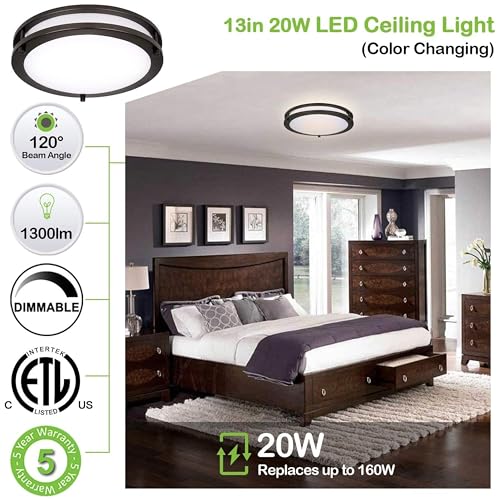 hykolity 13 inch Flush Mount LED Ceiling Light Fixture, 2700K/3000K/3500K/4000K/5000K Adjustable Ceiling Lights, Oil Rubbed Bronze Saturn Dimmable Lighting for Bathroom Kitchen, ETL Listed - 2 Pack - Image 3