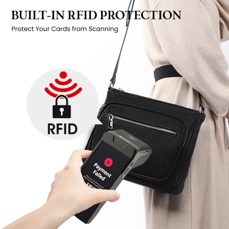 befen Genuine Leather Crossbody Bags for Women, Black Leather Purse with Built in Wallet, RFID Blocking Womens Handbag Shoulder Bag with Multi Zipper Pockets - Image 3