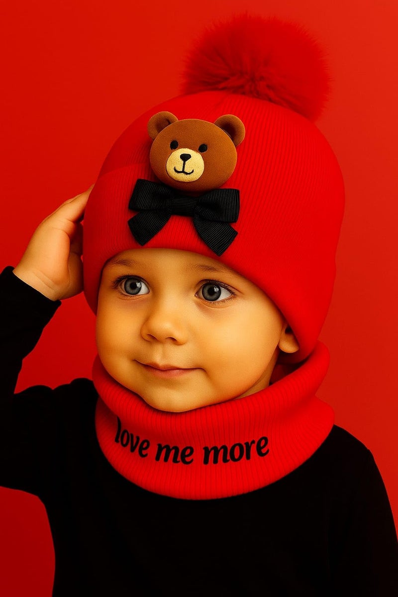 Krystle Kids Knit Animal Ear Hat with Pom Pom and Scarf - Bear or Cat Design Winter Beanie for Boys and Girls (Red, 3 Months-3 Years) - Image 2