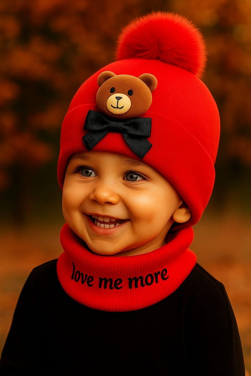 Krystle Kids Knit Animal Ear Hat with Pom Pom and Scarf - Bear or Cat Design Winter Beanie for Boys and Girls (Red, 3 Months-3 Years) - Image 3
