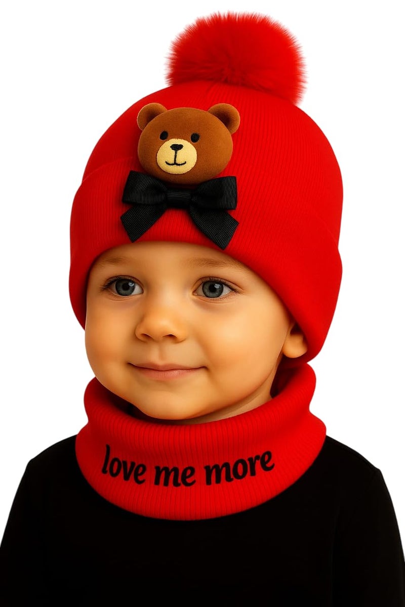 Krystle Kids Knit Animal Ear Hat with Pom Pom and Scarf - Bear or Cat Design Winter Beanie for Boys and Girls (Red, 3 Months-3 Years) - Image 5