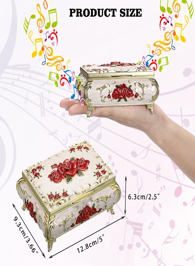 ELLDOO Vintage Music Box, Beige Metal Musical Jewelry Box Keepsake Box, Small Trinket Jewelry Storage Box Gift for Girl Women (Tune: You are My Sunshine), Red Rose Pattern - Image 2