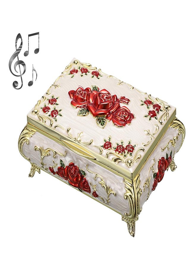 ELLDOO Vintage Music Box, Beige Metal Musical Jewelry Box Keepsake Box, Small Trinket Jewelry Storage Box Gift for Girl Women (Tune: You are My Sunshine), Red Rose Pattern - Image 1