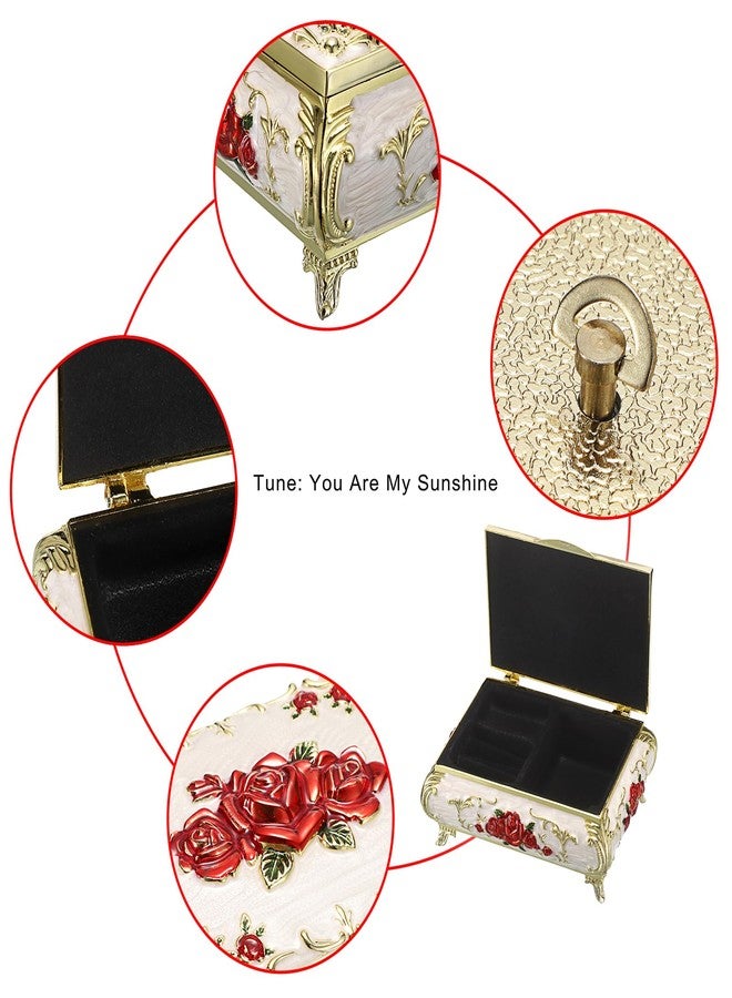 ELLDOO Vintage Music Box, Beige Metal Musical Jewelry Box Keepsake Box, Small Trinket Jewelry Storage Box Gift for Girl Women (Tune: You are My Sunshine), Red Rose Pattern - Image 3