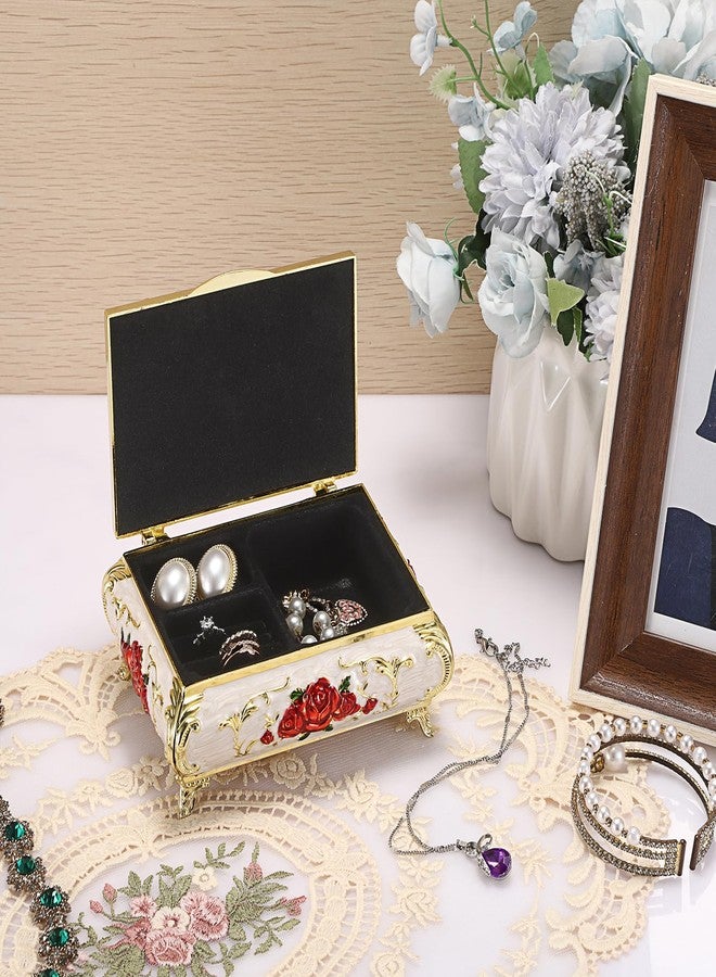 ELLDOO Vintage Music Box, Beige Metal Musical Jewelry Box Keepsake Box, Small Trinket Jewelry Storage Box Gift for Girl Women (Tune: You are My Sunshine), Red Rose Pattern - Image 5