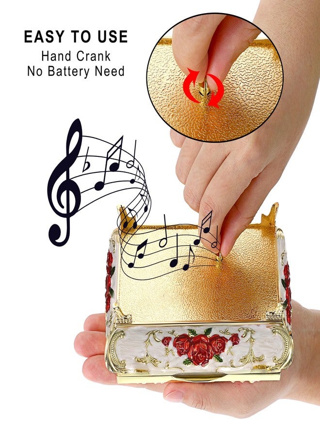 ELLDOO Vintage Music Box, Beige Metal Musical Jewelry Box Keepsake Box, Small Trinket Jewelry Storage Box Gift for Girl Women (Tune: You are My Sunshine), Red Rose Pattern - Image 4