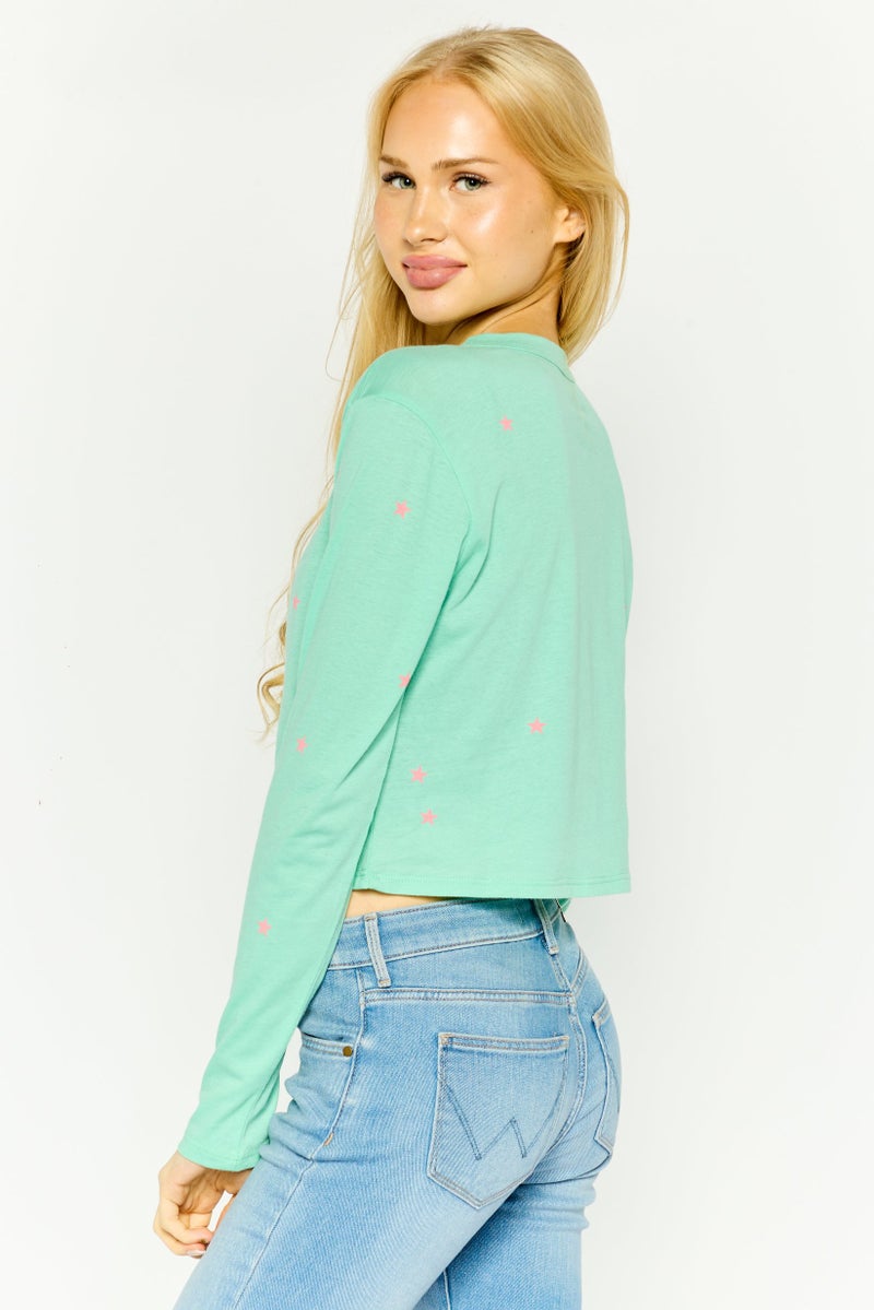 Chaser Women Round Neck Long Sleeves Graphic Print Top, Green - Image 3
