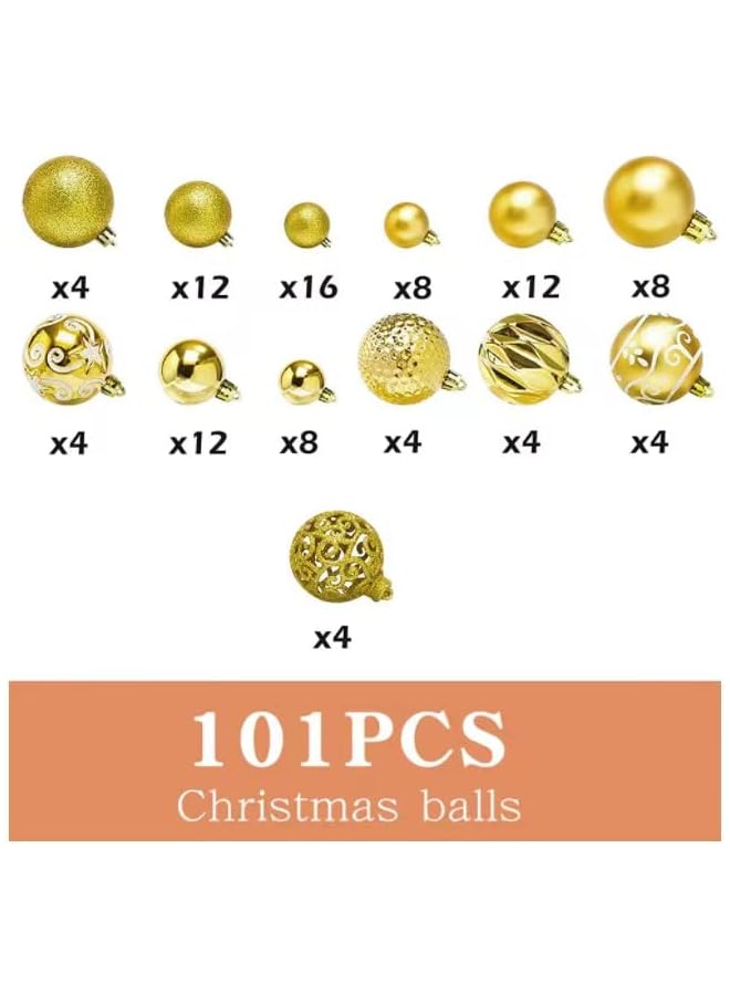 The Bros مجموعة زينة كرات عيد الميلاد 101 قطعة مع قمة شجرة عيد الميلاد، كرات معلقة غير قابلة للكسر لتزيين شجرة عيد الميلاد، كرات زينة لحفلات العيد لتزيين عيد الميلاد (ذهبي) - Image 2