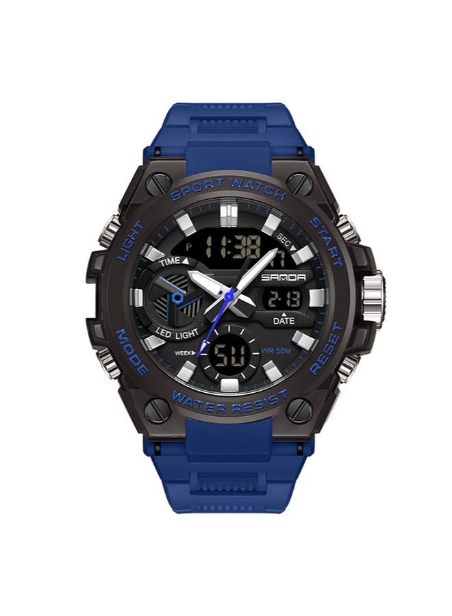 Sanda ساعة للرجال بمينا مزدوج العرض ومتعددة الوظائف مقاومة للماء مع ساعة توقيت كرونوغراف باللون الأسود والأزرق 3311 - Image 1