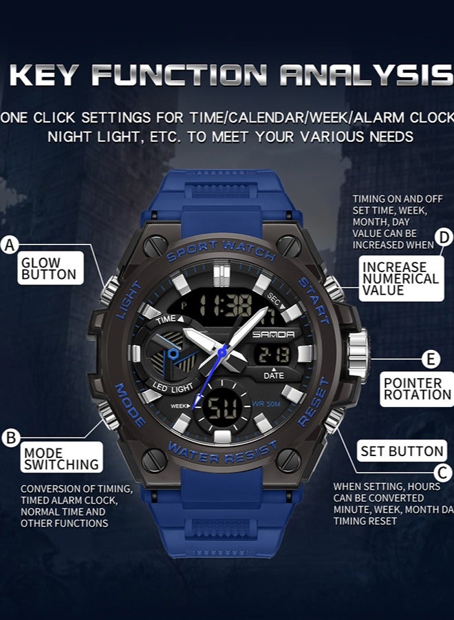 Sanda ساعة للرجال بمينا مزدوج العرض ومتعددة الوظائف مقاومة للماء مع ساعة توقيت كرونوغراف باللون الأسود والأزرق 3311 - Image 4