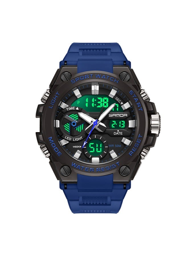 Sanda ساعة للرجال بمينا مزدوج العرض ومتعددة الوظائف مقاومة للماء مع ساعة توقيت كرونوغراف باللون الأسود والأزرق 3311 - Image 3