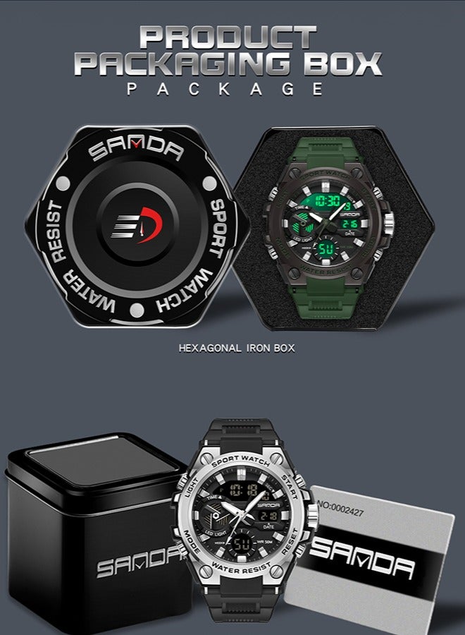 Sanda ساعة للرجال بمينا مزدوج العرض ومتعددة الوظائف مقاومة للماء مع ساعة توقيت كرونوغراف باللون الأسود والأزرق 3311 - Image 5