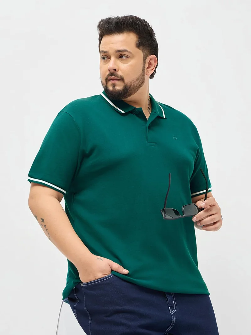 Urbano Plus Men's Teal Green Solid Regular Fit Half Sleeve Cotton Polo T-Shirt
