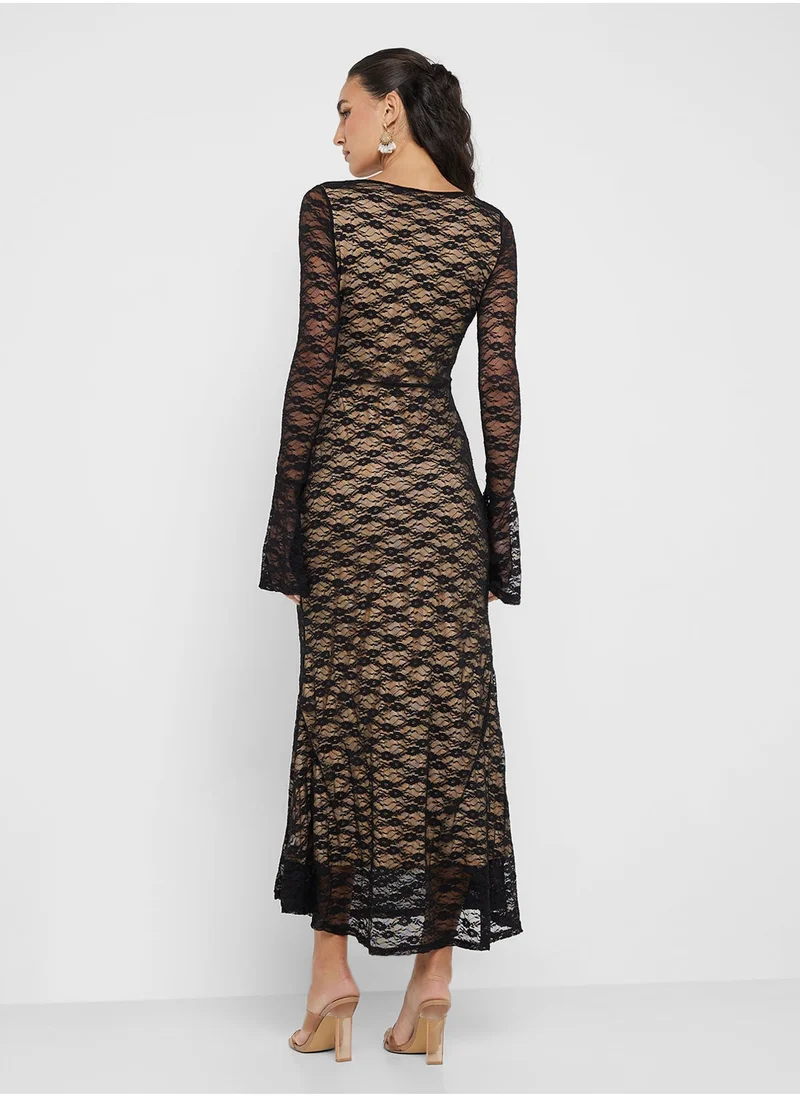 Ginger Plunge Neck Lace Bodycon Dress With Bell Sleeves