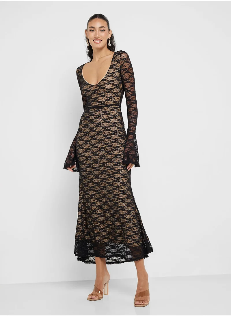 Ginger Plunge Neck Lace Bodycon Dress With Bell Sleeves
