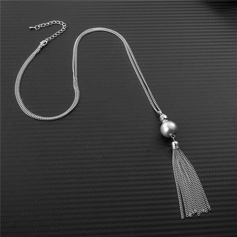 Pearl&Club Long Tassel Pendant Necklaces For Women - Faux Pearl Necklace with Silver Chain, Fashion Jewelry For Lady(56-Grey pearl) - Image 5