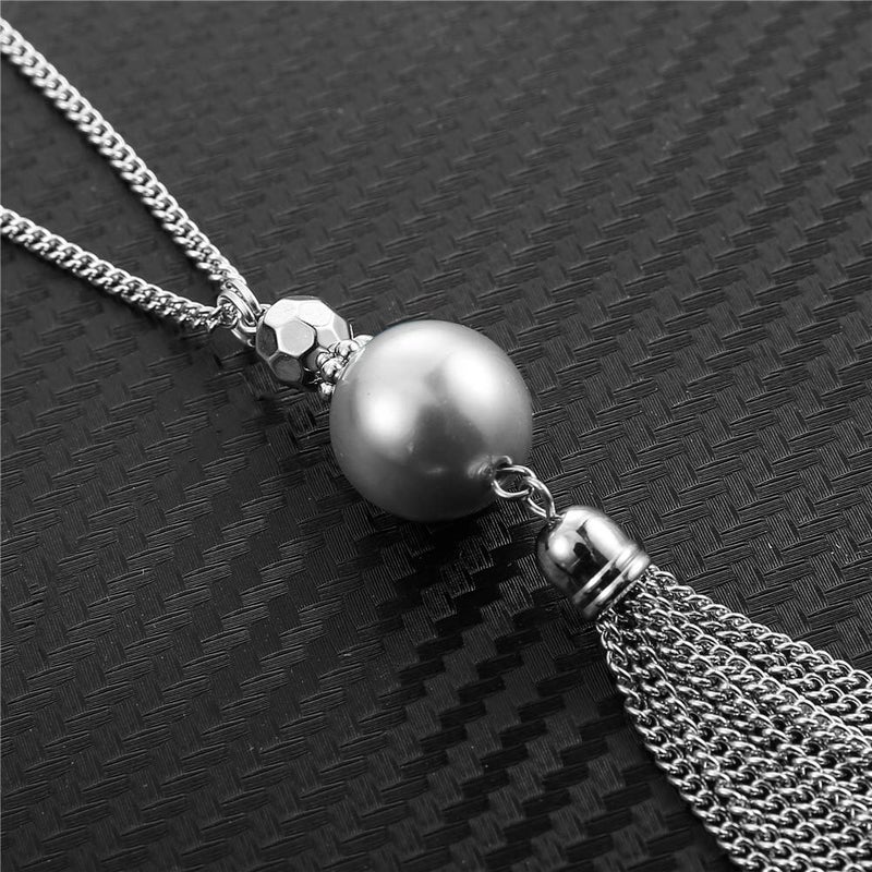 Pearl&Club Long Tassel Pendant Necklaces For Women - Faux Pearl Necklace with Silver Chain, Fashion Jewelry For Lady(56-Grey pearl) - Image 3