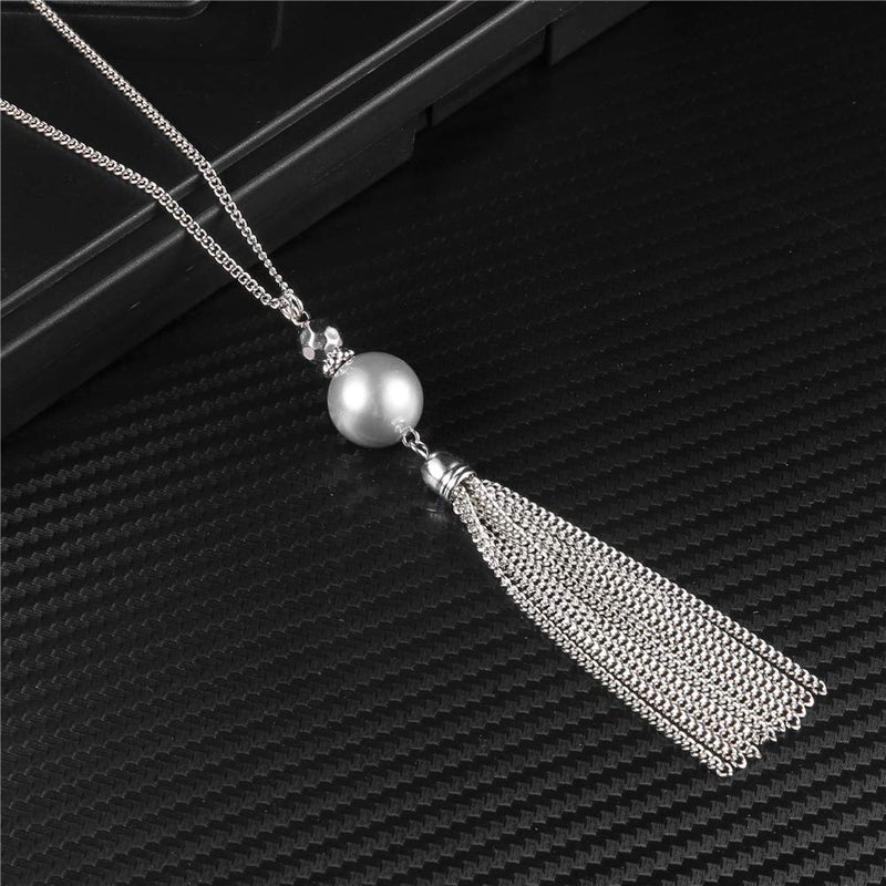Pearl&Club Long Tassel Pendant Necklaces For Women - Faux Pearl Necklace with Silver Chain, Fashion Jewelry For Lady(56-Grey pearl) - Image 4