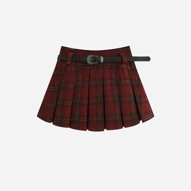Woolen red plaid skirt pleated skirt women's autumn and winter college style American retro woolen jk pattern plaid skirt - Image 1