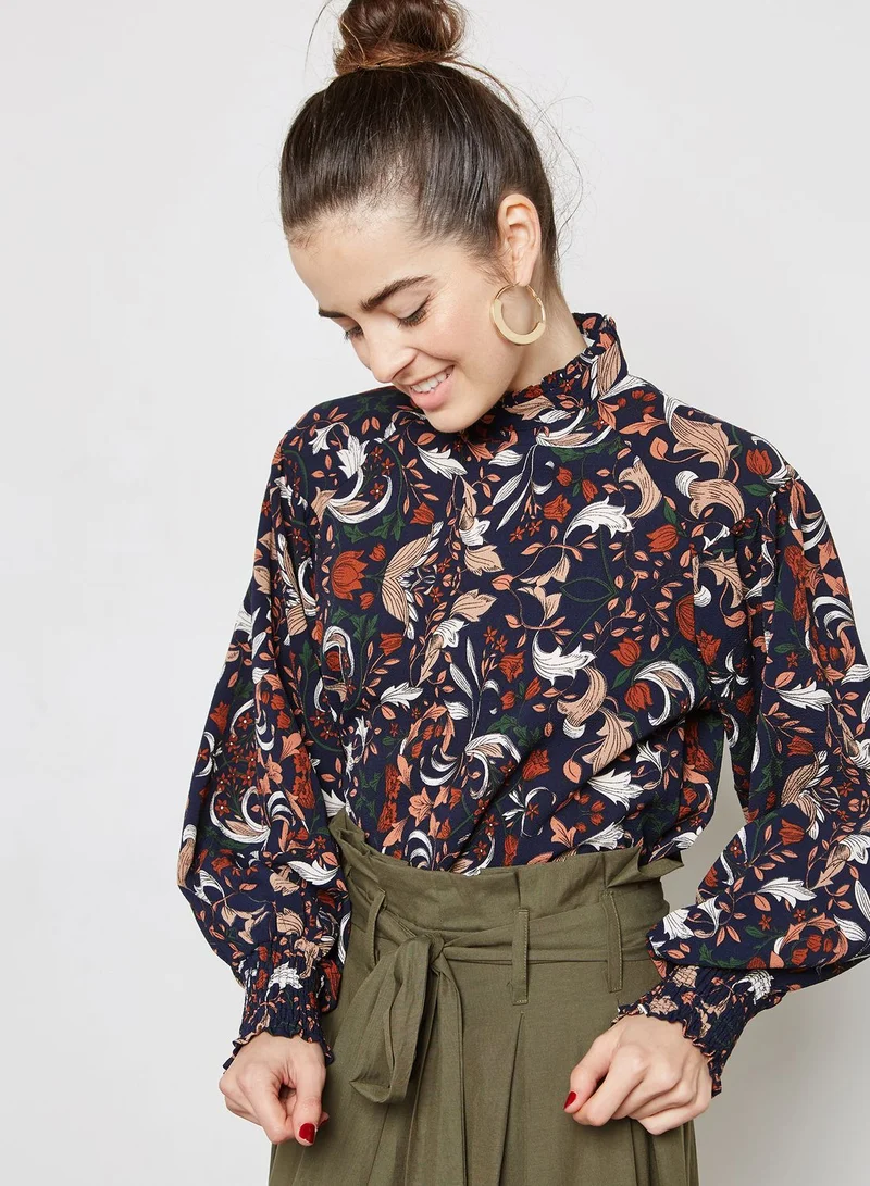 ELLA Floral Print Shirred Trim Top