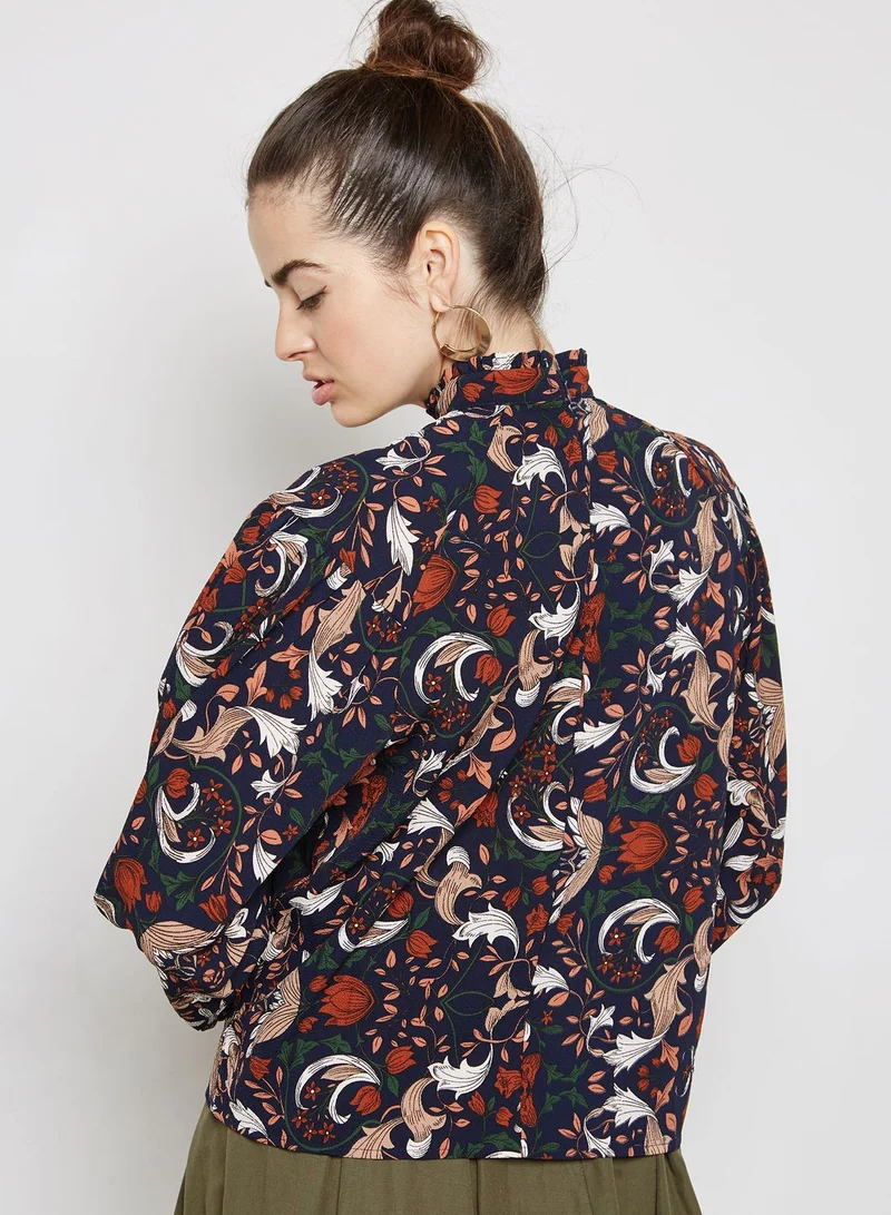 ELLA Floral Print Shirred Trim Top