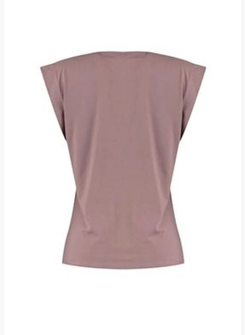 trendyol Mink 100% Cotton Padded Basic Crew Neck Knitted T-Shirt