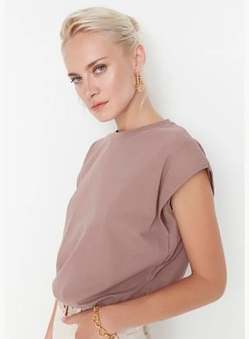 trendyol Mink 100% Cotton Padded Basic Crew Neck Knitted T-Shirt