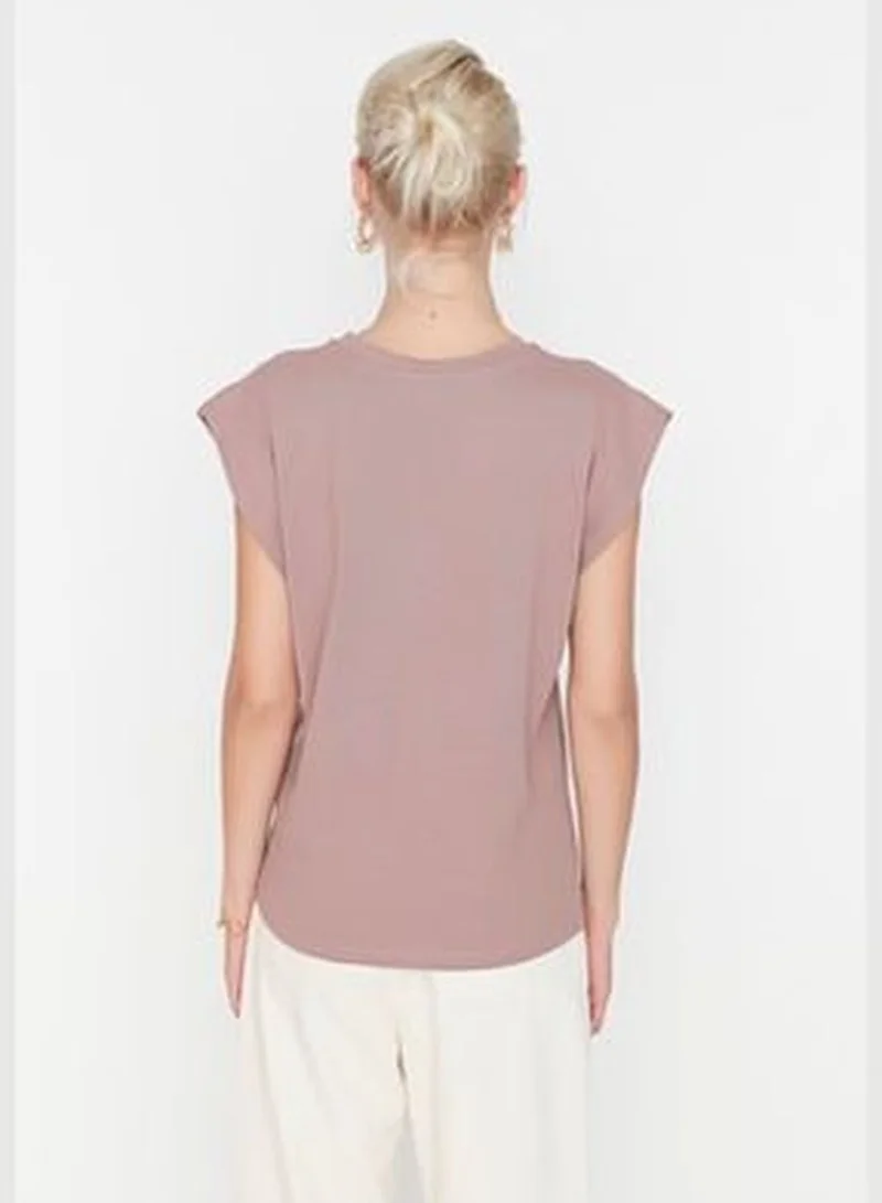 trendyol Mink 100% Cotton Padded Basic Crew Neck Knitted T-Shirt