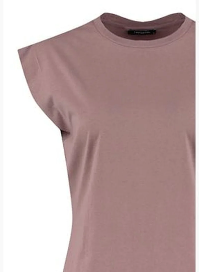 trendyol Mink 100% Cotton Padded Basic Crew Neck Knitted T-Shirt