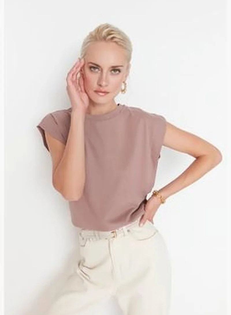 trendyol Mink 100% Cotton Padded Basic Crew Neck Knitted T-Shirt