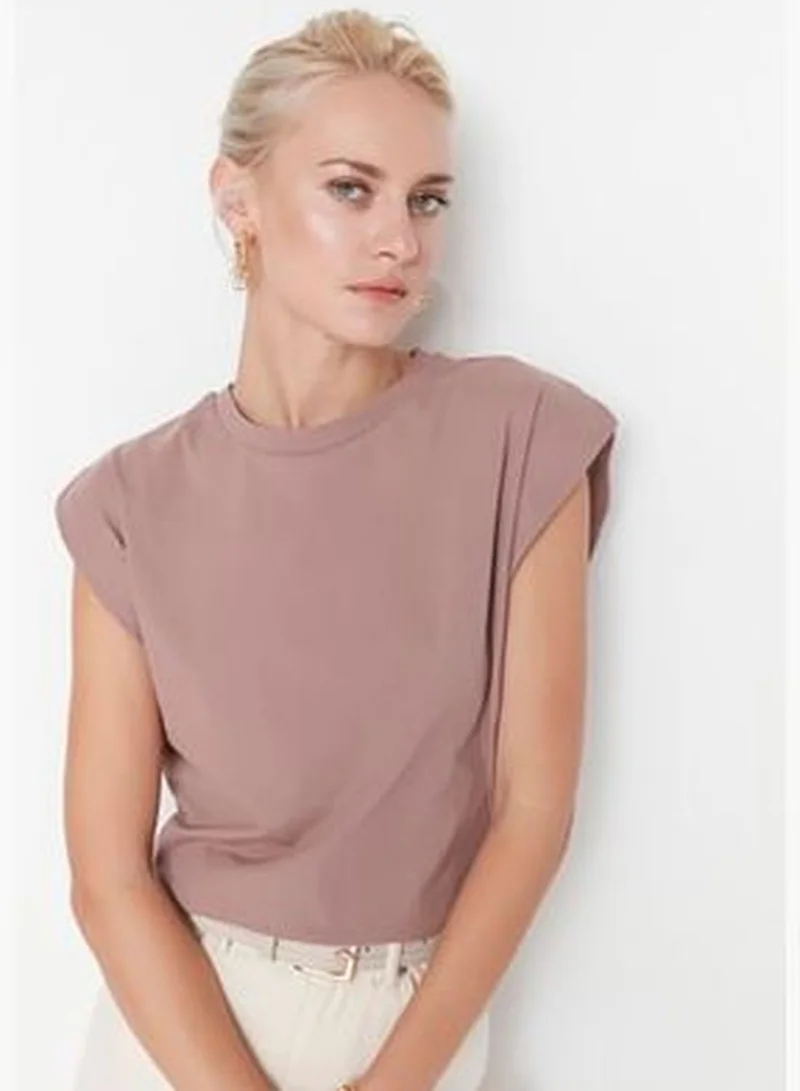 trendyol Mink 100% Cotton Padded Basic Crew Neck Knitted T-Shirt