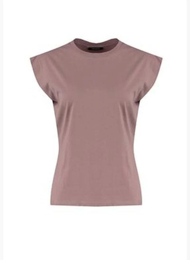 trendyol Mink 100% Cotton Padded Basic Crew Neck Knitted T-Shirt