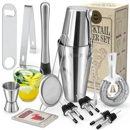 Perjoy Cocktail Shaker Set, 16 Piece Bartender Kit, Cocktail Shaker, Stainless Steel Bar Set Accessories, Coktail Set, Boston Shaker, Drink Mixer Shaker, Bartending Bar Tools with Muddler Spoon Jigger - Image 1