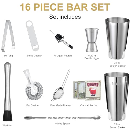 Perjoy Cocktail Shaker Set, 16 Piece Bartender Kit, Cocktail Shaker, Stainless Steel Bar Set Accessories, Coktail Set, Boston Shaker, Drink Mixer Shaker, Bartending Bar Tools with Muddler Spoon Jigger - Image 3