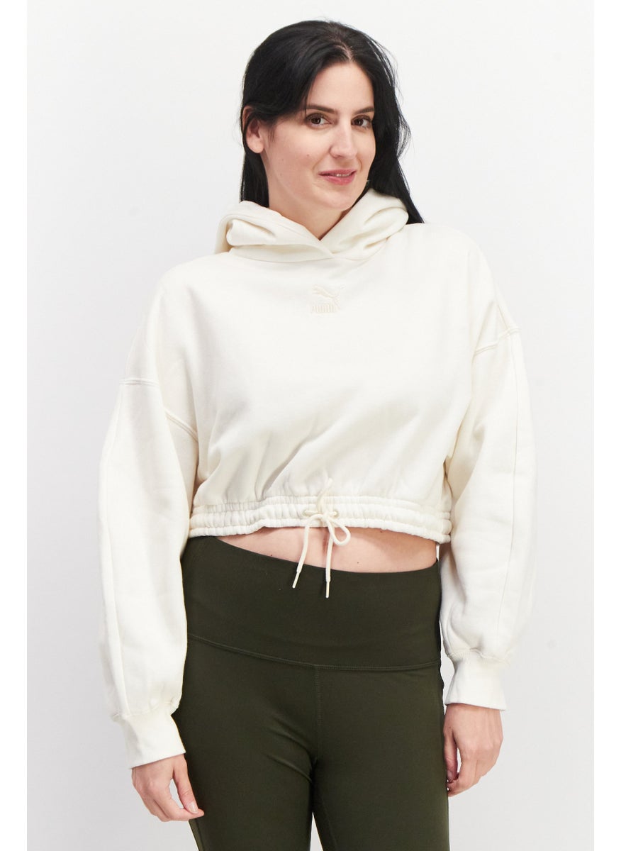 PUMA Women Sportswear Fit Brand Logo Training Crop Hoody, Cream  - Image 1