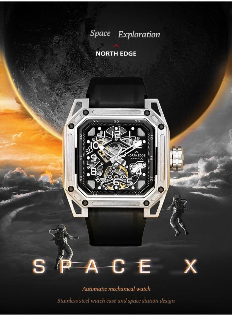 NORTH EDGE Automatic Mechanical Watch - Stainless Steel - 100 Meters Water Resistance - Skeletonized Escapement - Luminous Hands - Men's Watch with Index Hands - Image 3