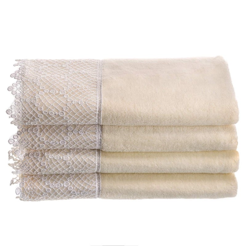 Creative Scents Fingertip Towels for Bathroom 11x18 inches Towel Set of 4 Soft Velour Finish Gorgeous Lace Trim 100 Cotton Machine Washable Perfect for Guest Bathroom CreamIvory