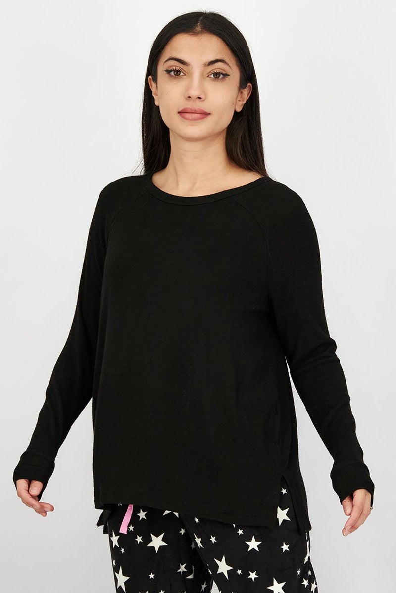 UNDIZ Women Crew Neck Long Sleeves Solid T-shirt, Black - Image 2