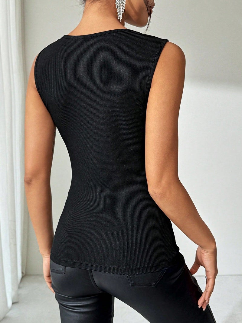 Women's Ribbed Rhinestone Tank Top Summer Casual T-Shirt - Image 2