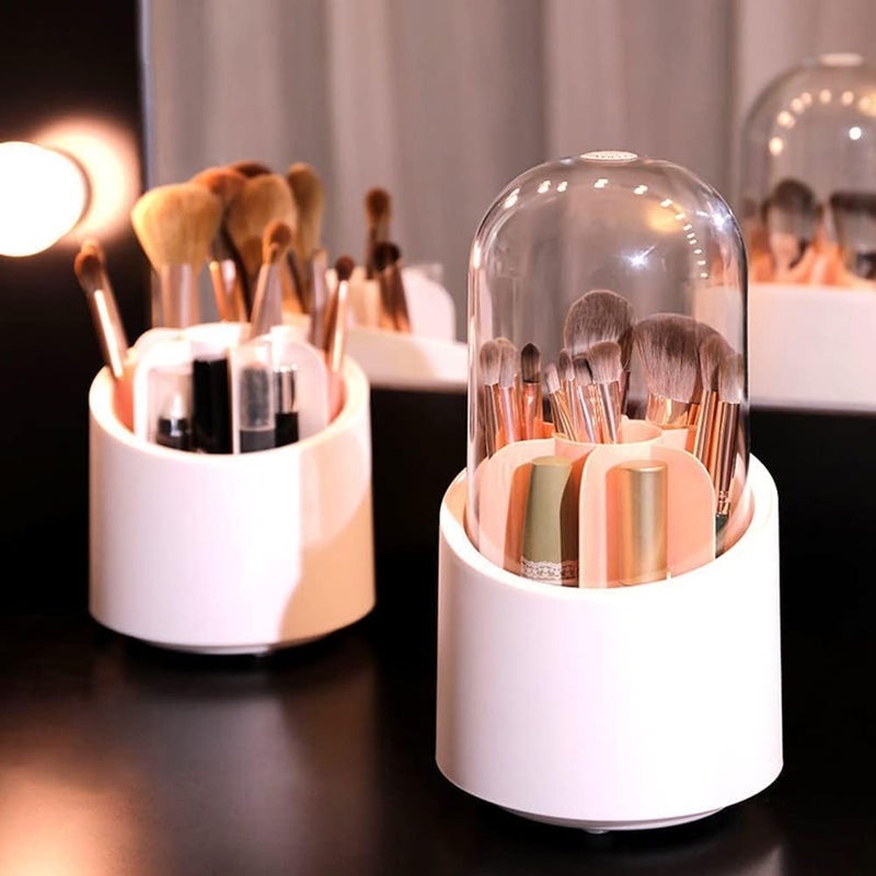 BSITFOW Makeup Brush Holder with Dustproof Cover 360 Rotating Makeup Brush Organizer for Vanity Bathroom Round Make up Brush Stand with Lid for CosmesticsWhite - Image 1
