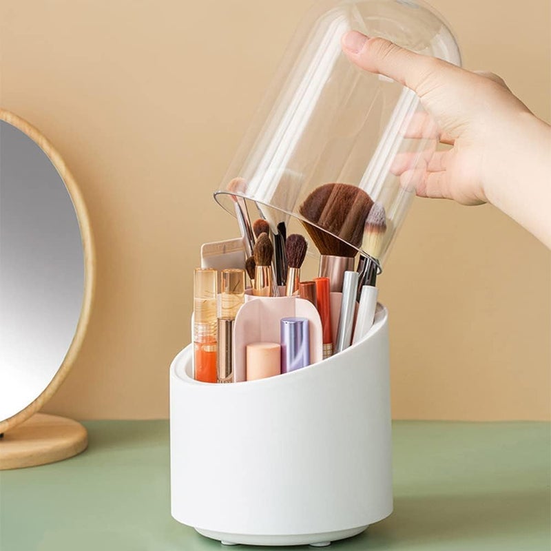 BSITFOW Makeup Brush Holder with Dustproof Cover 360 Rotating Makeup Brush Organizer for Vanity Bathroom Round Make up Brush Stand with Lid for CosmesticsWhite - Image 4