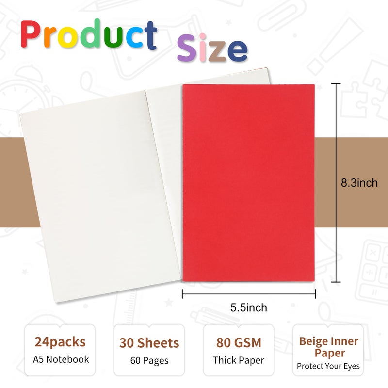 miikoul 24 Pack A5 Blank Journal Notebooks in Bulk, Colorful Soft Cover Unlined Paper for Kids Student Traveler Drawing Writing Take Notes and Plan, 8.3x5.5 Inches, 80 GSM, 60 Pages/30 Sheets - Image 2