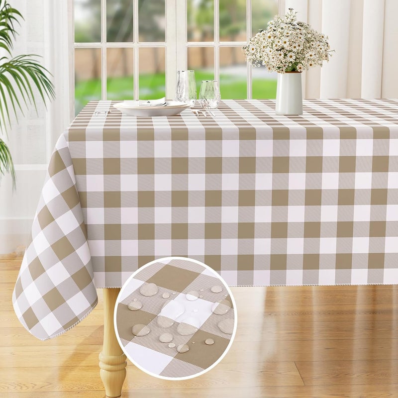 misaya Rectangle Waterproof Vinyl Table Cloth Buffalo Flannel Backed Tablecloth Wipeable Plastic Table Cover for Dinner Kitchen Outdoor 60 x 84 Khaki and White - Image 1