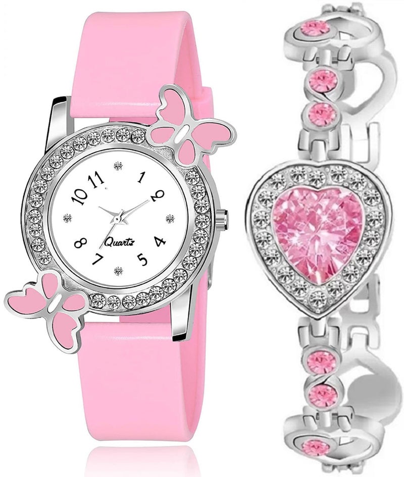 Acnos Polyurethane White Dial Pink Colors Diamond Analog Watch With Heart Bracelet For Girl Best Design Butterfly Combo 2 Pack Of 2, Pink Band - Image 1